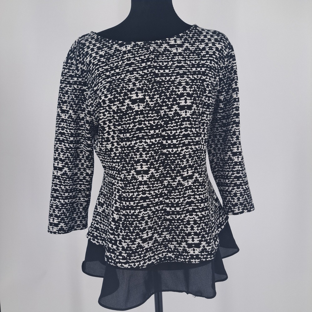 Casual Couture by Green Envelope Black White Peplum Top M Workwear Office Chic